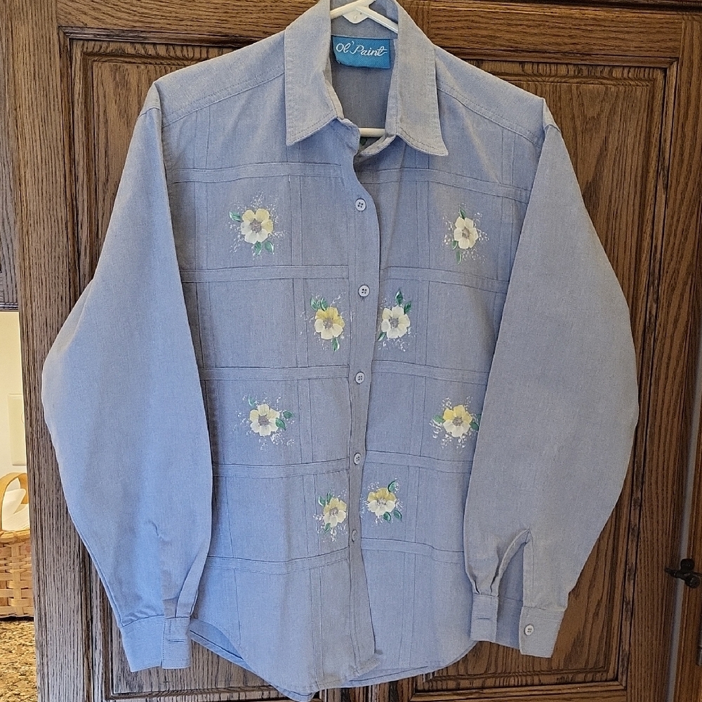 Handpainted Blue Floral Woman's  Shirt Size S